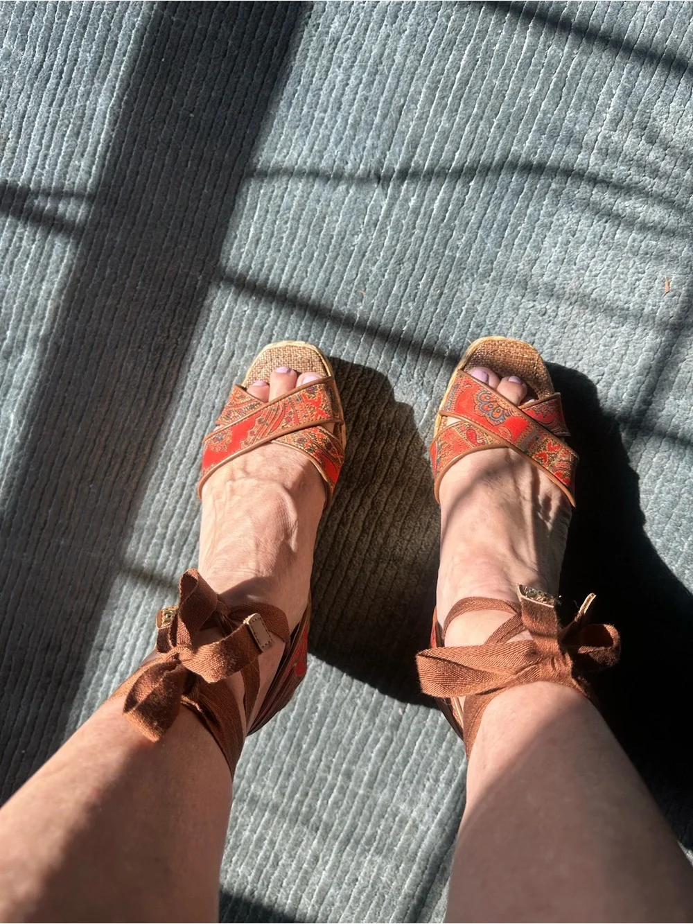 Sam Edelman Brown Ankle-Tie Wedge Sandals with Red Patterned Straps